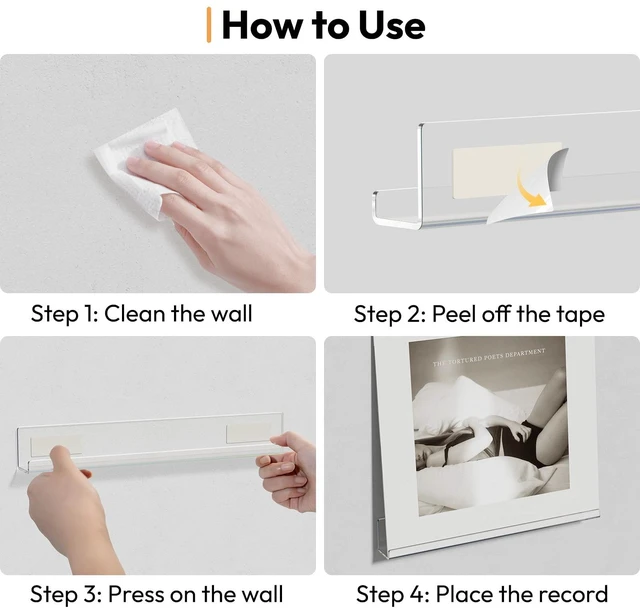 Alt view image 4 of 7 - Vinyl Record Holder Wall Mounts, Acrylic Album Shelf Display,6 Pack 12inch Clear Shelf Record, Adhesive Tapes, No Drill Record Display, Floating Album Record Holder Hangers Shelves for Renter