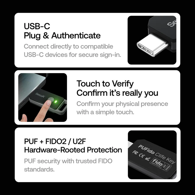 Alt view image 3 of 7 - PUFido USB-C Security Key with PUF Technology, FIDO2/U2F Certified, Hardware-Rooted Unclonable Security for Passwordless Login and 2FA Authentication