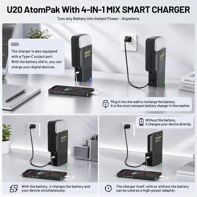 Alt view image 4 of 6 - U20 Smart Charger 20V 45W Fast Charging Station for All U20 Batteries,Reverse Charging Function