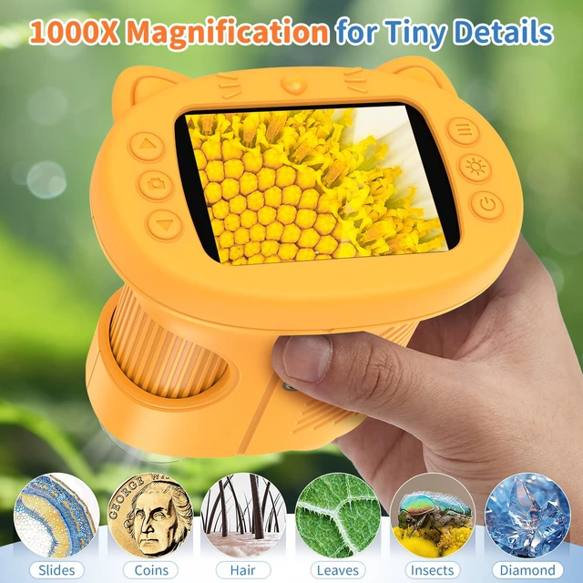 Alt view image 3 of 7 - Kids Handheld Digital Microscope 1000X: Science Gift Kit STEM Toy Ages 5-13 8GB SD Card for Photo/video, Rechargeable, 2.4" Screen, 8 LEDs, Portable Magnifying Glass Pocket Miniscope for Girls Boys