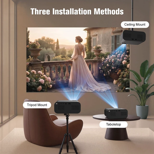 Alt view image 7 of 7 - Black Smart Movie Mini Projector with WiFi and Bluetooth Built-in Apps 4K 1080P Support Small Portable Projector,Auto Keystone,32"-150"Screen,260 ANSI Movie Video Projector for Indoor/Outdoor