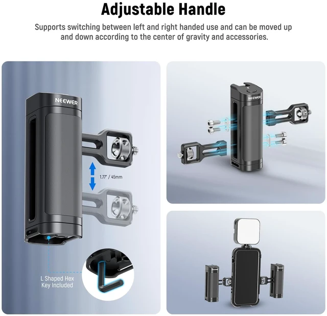 Alt view image 5 of 7 - Side Handle Grip with Wireless Remote Control Button Shutter Trigger for Smartphone Cage Video Rig, 2 Mount Adapters with 1/4" Screws & Locating Pins, Compatible with SmallRig Cages, PA005E