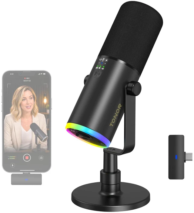 Main image of Wireless Microphone for iPhone 15~17, Dynamic Microphone for Podcast 2.4G/XLR/USB Tri-Mode, RGB Gaming Mic with AI Noise Suppression, 50H Battery Life, Desktop Stand Set, TD510W AIR S