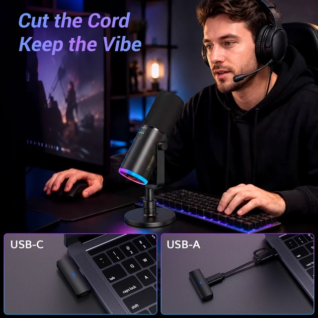 Alt view image 2 of 7 - Wireless Microphone for iPhone 15~17, Dynamic Microphone for Podcast 2.4G/XLR/USB Tri-Mode, RGB Gaming Mic with AI Noise Suppression, 50H Battery Life, Desktop Stand Set, TD510W AIR S