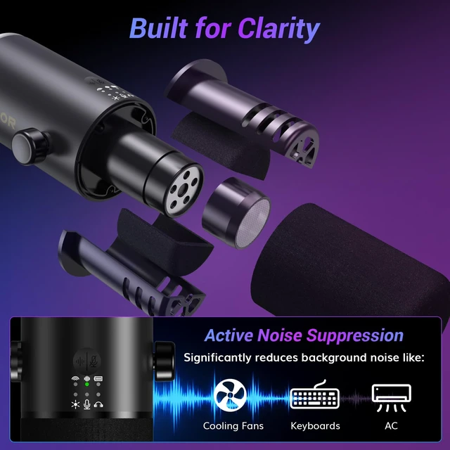 Alt view image 6 of 7 - Wireless Microphone for iPhone 15~17, Dynamic Microphone for Podcast 2.4G/XLR/USB Tri-Mode, RGB Gaming Mic with AI Noise Suppression, 50H Battery Life, Desktop Stand Set, TD510W AIR S