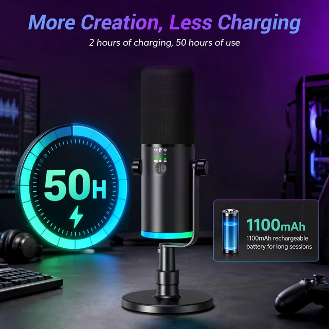 Alt view image 7 of 7 - Wireless Microphone for iPhone 15~17, Dynamic Microphone for Podcast 2.4G/XLR/USB Tri-Mode, RGB Gaming Mic with AI Noise Suppression, 50H Battery Life, Desktop Stand Set, TD510W AIR S