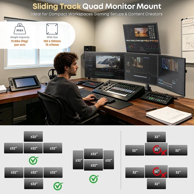 Alt view image 3 of 7 - Quad Monitor Mount for up to 4 x 32, Sliding Design, Holds up to 19.8lbs Stable Aluminum Base, Holds up to 44lbs, Fully Adjustable, Quick Release VESA Plate, Clamp & Grommet