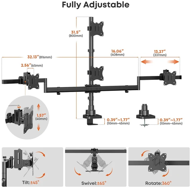 Alt view image 6 of 7 - Quad Monitor Mount for up to 4 x 32, Sliding Design, Holds up to 19.8lbs Stable Aluminum Base, Holds up to 44lbs, Fully Adjustable, Quick Release VESA Plate, Clamp & Grommet
