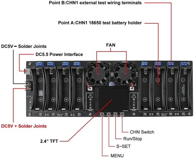 Alt view image 4 of 6 - 8 Channel 18650 Battery Capacity Tester, Automatic Charge Discharge Module with Internal Resistance Test for Flat Top Batteries, Type-C Powered Lithium Battery Analyzer