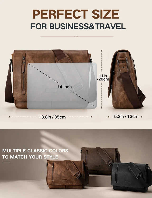 Alt view image 2 of 6 - Messenger Bag for Men, PU Leather Laptop Briefcase Bag for Work Shoulder Bag for Office, Fits 14" Laptop, Vintage Satchel Bag with Padded Shoulder Strap, Padded Laptop Sleeve, Waterproof