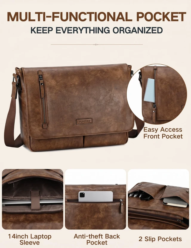 Alt view image 3 of 6 - Messenger Bag for Men, PU Leather Laptop Briefcase Bag for Work Shoulder Bag for Office, Fits 14" Laptop, Vintage Satchel Bag with Padded Shoulder Strap, Padded Laptop Sleeve, Waterproof