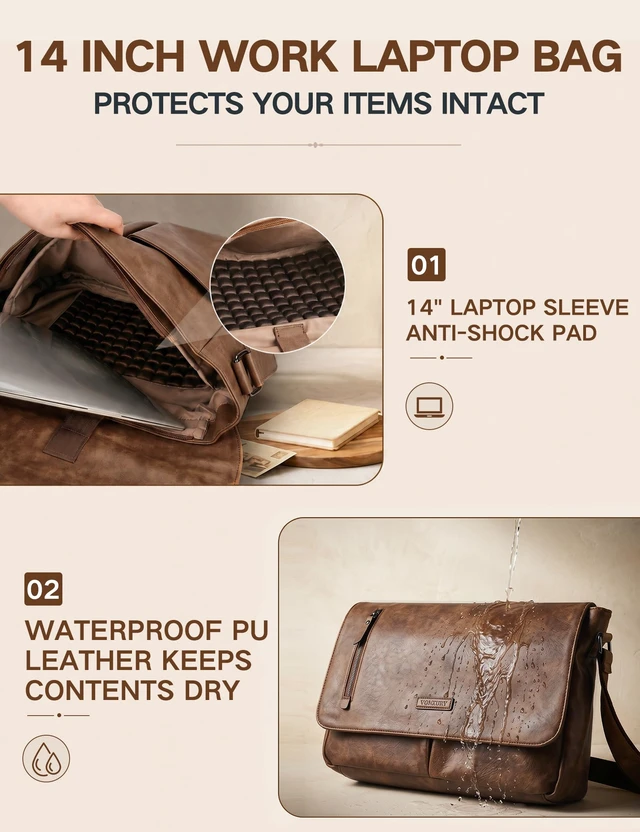Alt view image 4 of 6 - Messenger Bag for Men, PU Leather Laptop Briefcase Bag for Work Shoulder Bag for Office, Fits 14" Laptop, Vintage Satchel Bag with Padded Shoulder Strap, Padded Laptop Sleeve, Waterproof