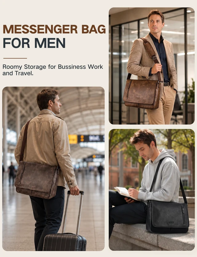 Alt view image 6 of 6 - Messenger Bag for Men, PU Leather Laptop Briefcase Bag for Work Shoulder Bag for Office, Fits 14" Laptop, Vintage Satchel Bag with Padded Shoulder Strap, Padded Laptop Sleeve, Waterproof