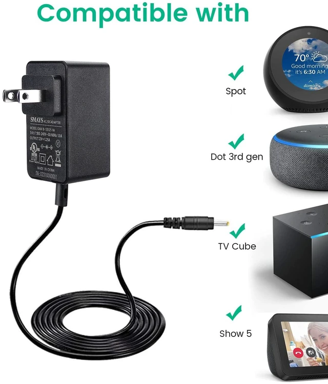 Alt view image 3 of 7 - 15W Power Adapter for Alexa Echo Show 5 1st / 2nd Gen, Dot 3rd / 4th / 5th Replacement Power Cord Charger