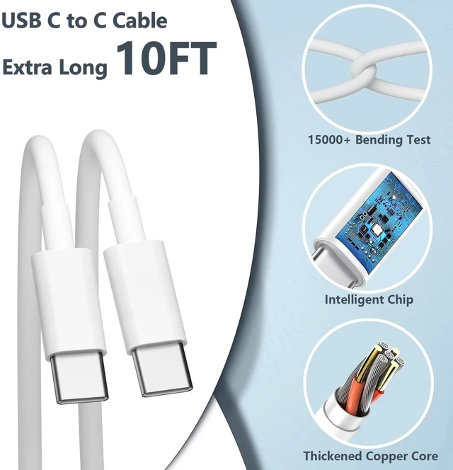 Alt view image 7 of 7 - 10FT Phone 17 16 15 Charger for Apple Fast Charging, 1Pack 20W Type C Fast Charger Block with Long USB C to C Charger Cable Cord for Phone 17 Pro Max/16 Pro/16 Plus/15/15 Pro max