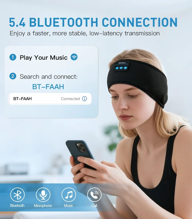 Alt view image 3 of 7 - Sleep Headphones 3-in-1 Wireless Side Sleeper Bluetooth 5.4 Black Washable, ultra-thin speakers minimize pressure for side sleepers, workouts, yoga. Breathable & comfortable