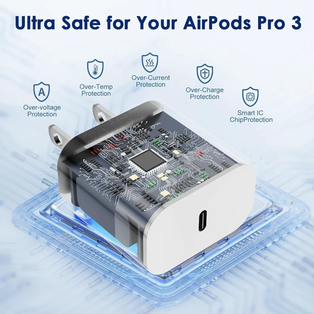 Alt view image 3 of 7 - Fast Charger for AirPods Pro 3,20W Type C Airpods Wall Charging Block with 10Foot USB C to C Cable for 2025 AirPods Pro 3rd/2nd,AirPod 4,Air-Pods Max 2(2026),iPhone 17 Air/17e/16 Plus/15 Pro Max