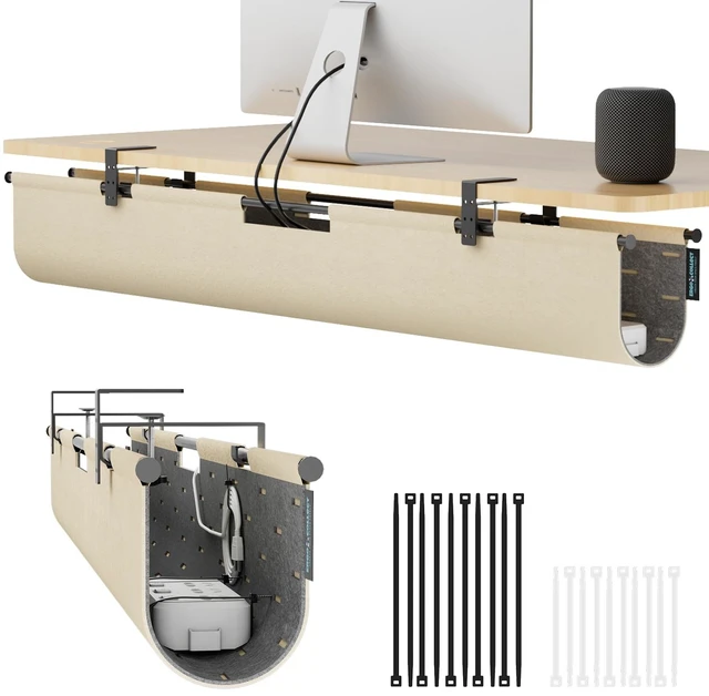 Main image of Under Desk Cable Management Tray No Drill, 45.2" Felt Standing Desk Cable Management, Clamp/Screw Mount Desk Wire Management, Flexible Cord Organizer for Office & Home