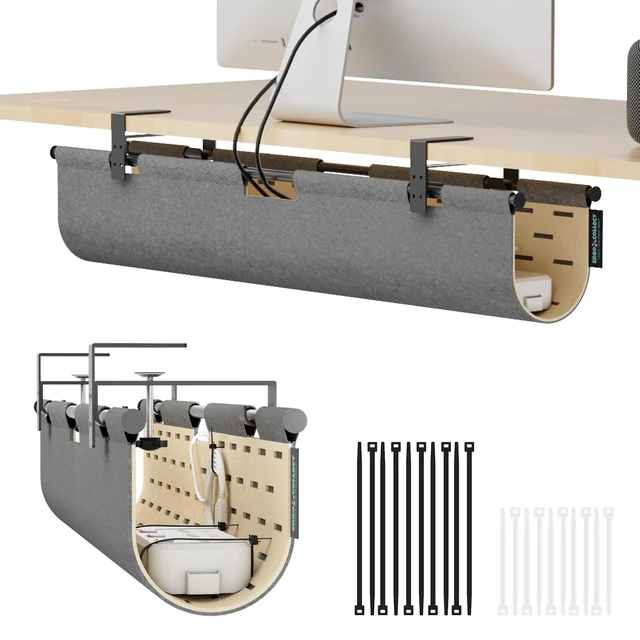 Main image of Under Desk Cable Management Tray No Drill, 30" Felt Standing Desk Cable Management, Clamp/Screw Mount Desk Wire Management, Flexible Cord Organizer for Office & Home