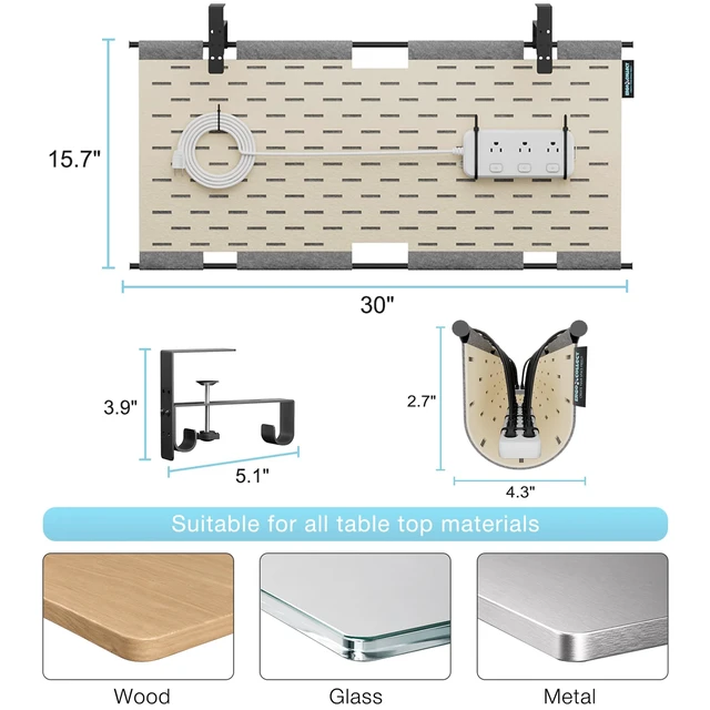 Alt view image 3 of 7 - Under Desk Cable Management Tray No Drill, 30" Felt Standing Desk Cable Management, Clamp/Screw Mount Desk Wire Management, Flexible Cord Organizer for Office & Home