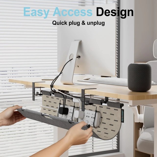 Alt view image 5 of 7 - Under Desk Cable Management Tray No Drill, 30" Felt Standing Desk Cable Management, Clamp/Screw Mount Desk Wire Management, Flexible Cord Organizer for Office & Home