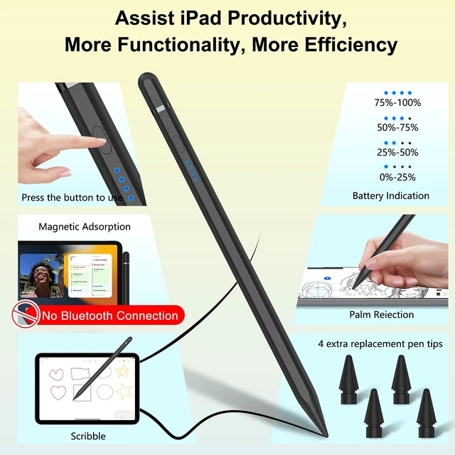 Alt view image 2 of 6 - Pencil 1st Generation for iPad (2026-2018), iPad Pencil USB C Fast Charging Tilt Sensitivity and Palm Rejection, Compatible with iPad 6-10/A16, Pro M4/M5/11",12.9", Mini 5-7, Air 3-5/M2/M3/M4 (Black)