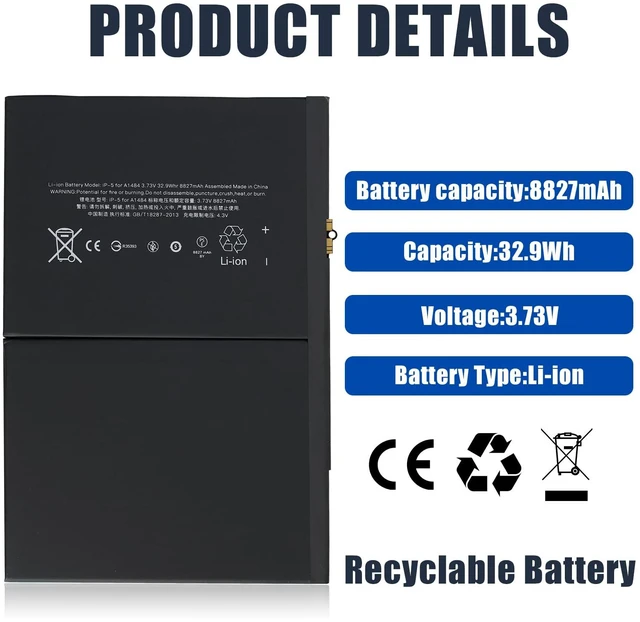 Alt view image 3 of 6 - A1484 Battery Replacement Kit for iPad Air 1 iPad 5th 6th 7th 8th 9th Generation (Model: A1474 A1475 A1476 A1822 A1823 A1893 A1954 A2197 A2198 A2200 A2270 A2428 A2429 A2430) Without Tools