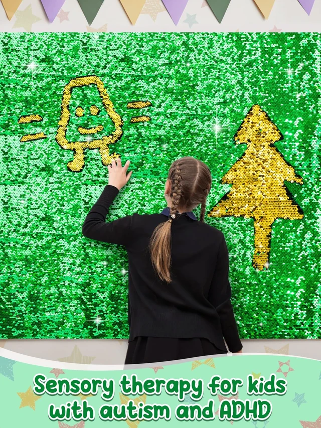 Alt view image 7 of 7 - 36×49 in Sequin Fabric Sensory Wall Panel for Kids, Sensory Room Must Haves 0.2in Reversible Flip Sequin Fabric Wall, Laser Cut Edge, Fidgeting Activity Classroom Home Tactile Training, Green