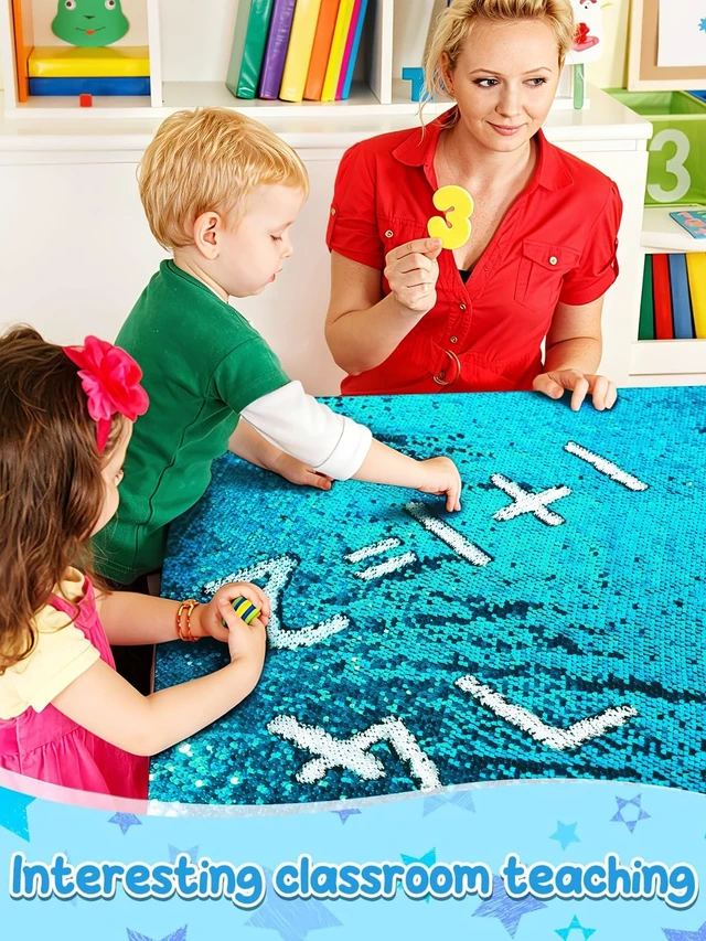 Alt view image 5 of 7 - 36×49 in Sequin Fabric Sensory Wall Panel for Kids, Sensory Room Must Haves 0.2in Reversible Flip Sequin Fabric Wall, Laser Cut Edge, Fidgeting Activity Classroom Home Tactile Training, Sky Blue