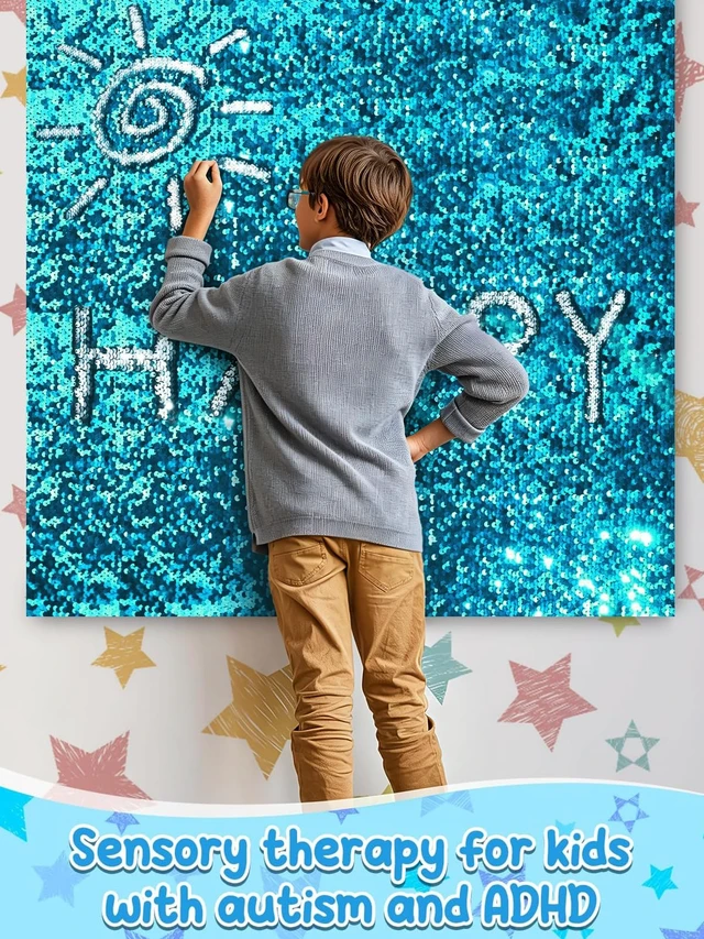 Alt view image 7 of 7 - 36×49 in Sequin Fabric Sensory Wall Panel for Kids, Sensory Room Must Haves 0.2in Reversible Flip Sequin Fabric Wall, Laser Cut Edge, Fidgeting Activity Classroom Home Tactile Training, Sky Blue