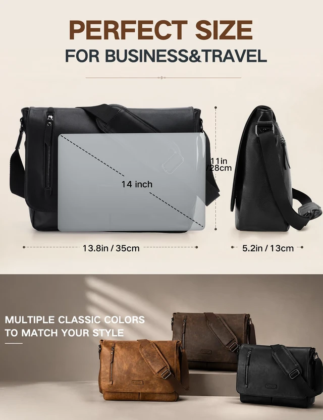 Alt view image 2 of 7 - Messenger Bag for Men, PU Leather Laptop Briefcase Bag for Work Shoulder Bag for Office, Fits 14" Laptop, Vintage Satchel Bag with Padded Shoulder Strap, Padded Laptop Sleeve, Waterproof