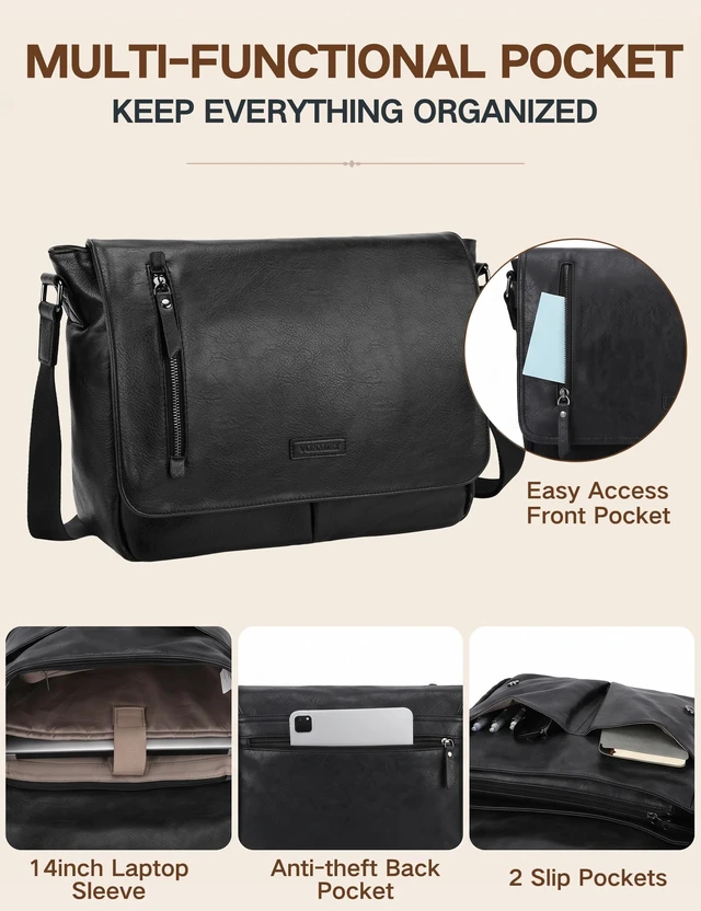 Alt view image 3 of 7 - Messenger Bag for Men, PU Leather Laptop Briefcase Bag for Work Shoulder Bag for Office, Fits 14" Laptop, Vintage Satchel Bag with Padded Shoulder Strap, Padded Laptop Sleeve, Waterproof