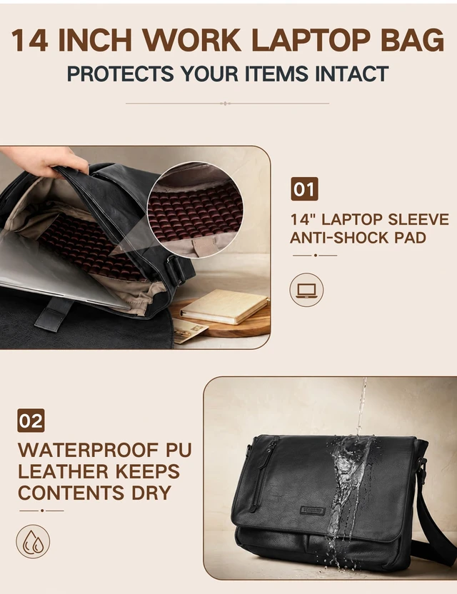Alt view image 4 of 7 - Messenger Bag for Men, PU Leather Laptop Briefcase Bag for Work Shoulder Bag for Office, Fits 14" Laptop, Vintage Satchel Bag with Padded Shoulder Strap, Padded Laptop Sleeve, Waterproof