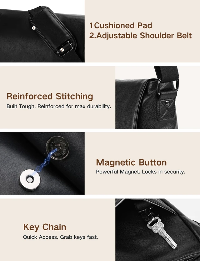Alt view image 6 of 7 - Messenger Bag for Men, PU Leather Laptop Briefcase Bag for Work Shoulder Bag for Office, Fits 14" Laptop, Vintage Satchel Bag with Padded Shoulder Strap, Padded Laptop Sleeve, Waterproof