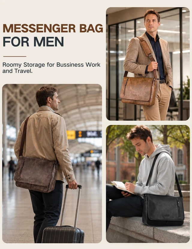 Alt view image 7 of 7 - Messenger Bag for Men, PU Leather Laptop Briefcase Bag for Work Shoulder Bag for Office, Fits 14" Laptop, Vintage Satchel Bag with Padded Shoulder Strap, Padded Laptop Sleeve, Waterproof