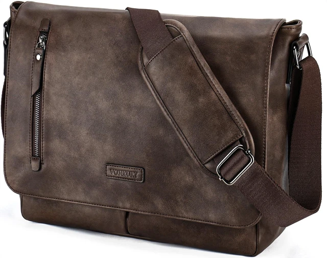 Main image of Messenger Bag for Men, PU Leather Laptop Briefcase Bag for Work Shoulder Bag for Office, Fits 14" Laptop, Vintage Satchel Bag with Padded Shoulder Strap, Padded Laptop Sleeve, Waterproof