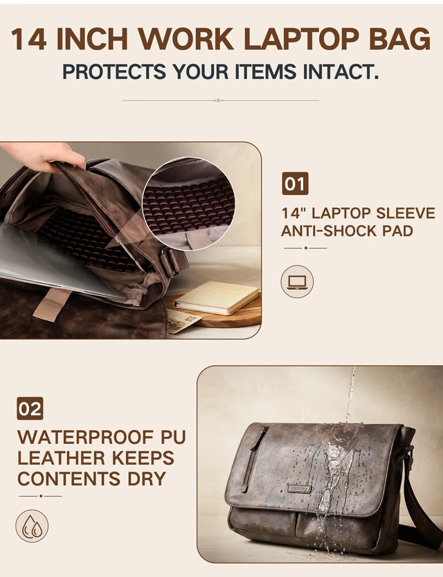Alt view image 4 of 7 - Messenger Bag for Men, PU Leather Laptop Briefcase Bag for Work Shoulder Bag for Office, Fits 14" Laptop, Vintage Satchel Bag with Padded Shoulder Strap, Padded Laptop Sleeve, Waterproof