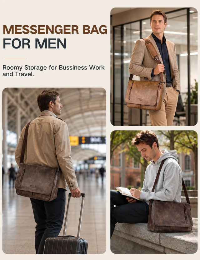 Alt view image 7 of 7 - Messenger Bag for Men, PU Leather Laptop Briefcase Bag for Work Shoulder Bag for Office, Fits 14" Laptop, Vintage Satchel Bag with Padded Shoulder Strap, Padded Laptop Sleeve, Waterproof