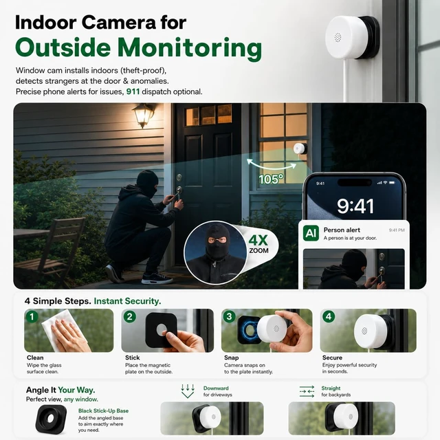 Alt view image 4 of 7 - 2K No-Drill Window Security Cameras, 2Packs Magnetic Cameras for Home Security, 5G&2.4G WiFi Indoor Angled Window Cam Stick on Glass, Full Color Night Vision, 24/7 AI Human Detection for RV, Apartment