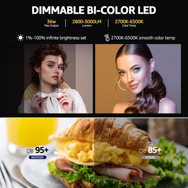 Alt view image 3 of 7 - 36W Photography Lighting, Bi-Color Studio Light, CRI 95+, Dimmable AC Adapter Powered LED Video Light Kit with Remote Control & 72 Tripod, Light for Video Recording/YouTube/TikTok/Ins