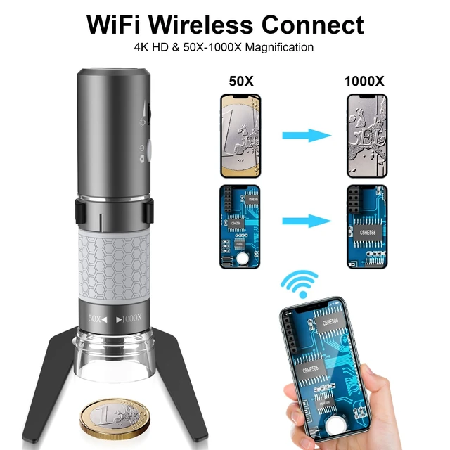 Alt view image 2 of 7 - 4K Digital Microscope for iPhone Android Phone and Windows Mac PC 3840x2160p Wireless Handheld Microscope Camera, Portable WiFi Microscope with Metal Stand for Adults and Kids