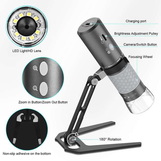 Alt view image 7 of 7 - 4K Digital Microscope for iPhone Android Phone and Windows Mac PC 3840x2160p Wireless Handheld Microscope Camera, Portable WiFi Microscope with Metal Stand for Adults and Kids