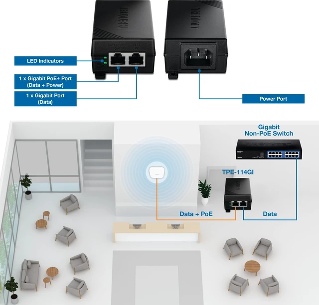 Alt view image 2 of 6 - Gigabit PoE+ Injector, TPE-114GI,NDAA & TAA Compliant Supplies 802.3af/at Power Up to 30W, Networks A Device Up to 100m (328 ft), for IP Cameras & Access Points,Plug & Play