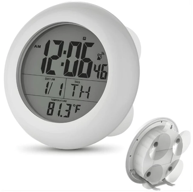 Main image of Shower Clock for Bathroom and Kitchen - Large Digital Display Shows Time, Date, Day of The Week and Temperature. Large Suction Cups, Hanging Hole, and Kick Stand - Atomic Clock