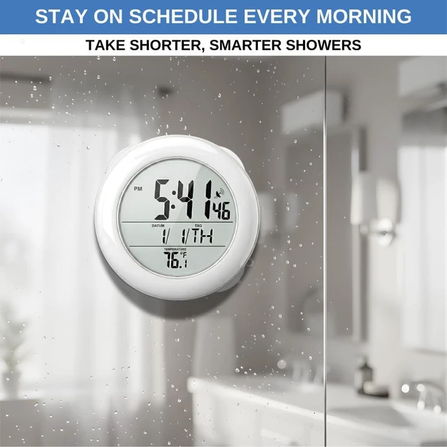 Alt view image 2 of 7 - Shower Clock for Bathroom and Kitchen - Large Digital Display Shows Time, Date, Day of The Week and Temperature. Large Suction Cups, Hanging Hole, and Kick Stand - Atomic Clock
