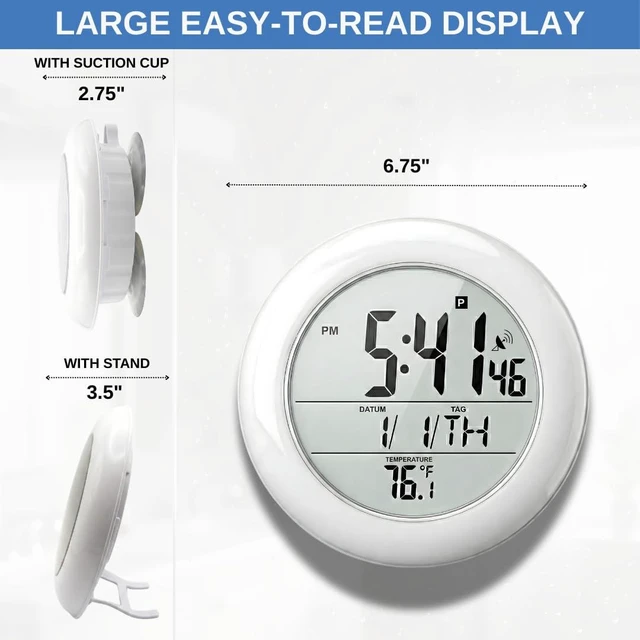 Alt view image 3 of 7 - Shower Clock for Bathroom and Kitchen - Large Digital Display Shows Time, Date, Day of The Week and Temperature. Large Suction Cups, Hanging Hole, and Kick Stand - Atomic Clock