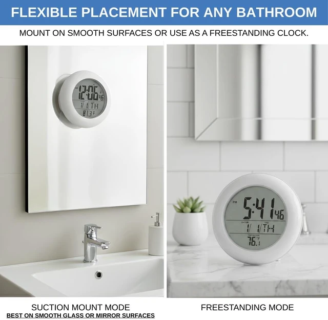 Alt view image 4 of 7 - Shower Clock for Bathroom and Kitchen - Large Digital Display Shows Time, Date, Day of The Week and Temperature. Large Suction Cups, Hanging Hole, and Kick Stand - Atomic Clock