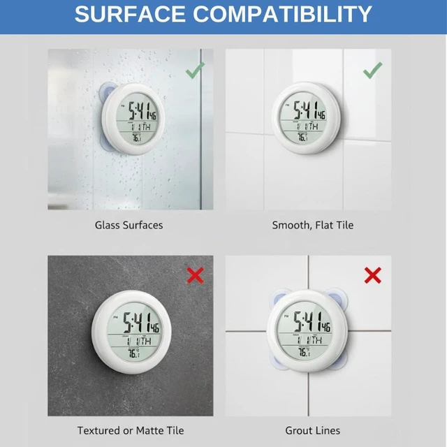 Alt view image 5 of 7 - Shower Clock for Bathroom and Kitchen - Large Digital Display Shows Time, Date, Day of The Week and Temperature. Large Suction Cups, Hanging Hole, and Kick Stand - Atomic Clock