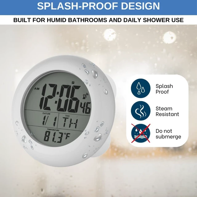 Alt view image 6 of 7 - Shower Clock for Bathroom and Kitchen - Large Digital Display Shows Time, Date, Day of The Week and Temperature. Large Suction Cups, Hanging Hole, and Kick Stand - Atomic Clock