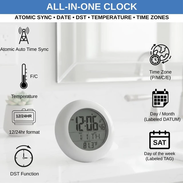 Alt view image 7 of 7 - Shower Clock for Bathroom and Kitchen - Large Digital Display Shows Time, Date, Day of The Week and Temperature. Large Suction Cups, Hanging Hole, and Kick Stand - Atomic Clock